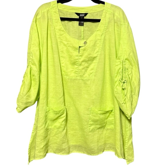 Ali Miles Tops - Ali Miles 3/4 Puff Sleeve Lightweight Lagenlook Artsy Button Neckline Blouse 1X